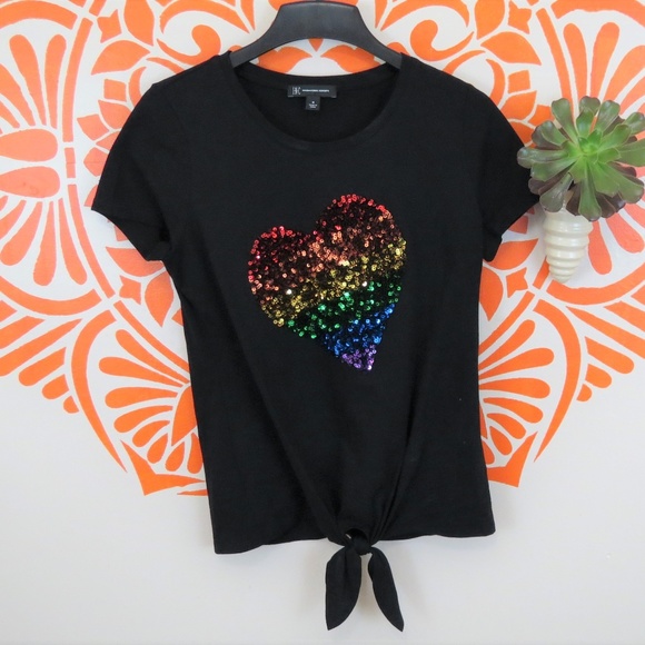 INC International Concepts Tops - INC Black T-Shirt W/Rainbow Sequin Heart M